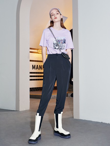 沙与沫2021春夏季紫色撞色T恤