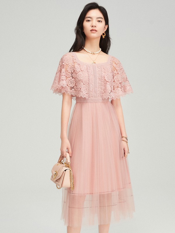 芭蒂娜2021春夏季粉色纱网连衣裙