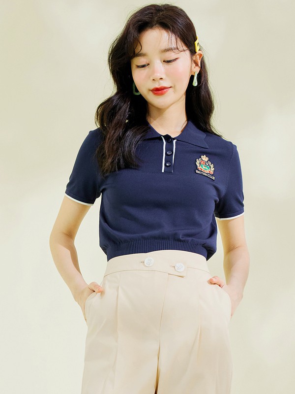 衣恋2021春夏季藏蓝色印花polo衫