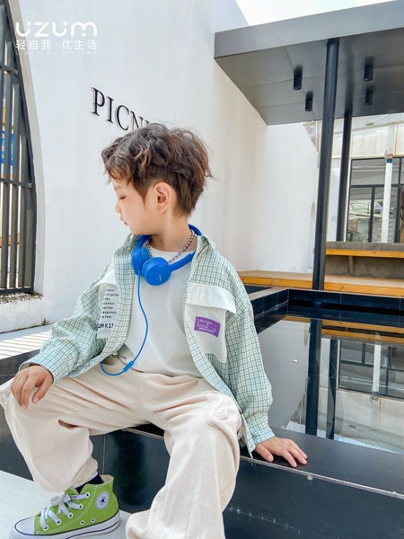 优仔优妹童装2021春夏季绿色格子衬衫