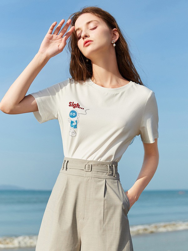 秋水伊人2021春夏季白色印花T恤