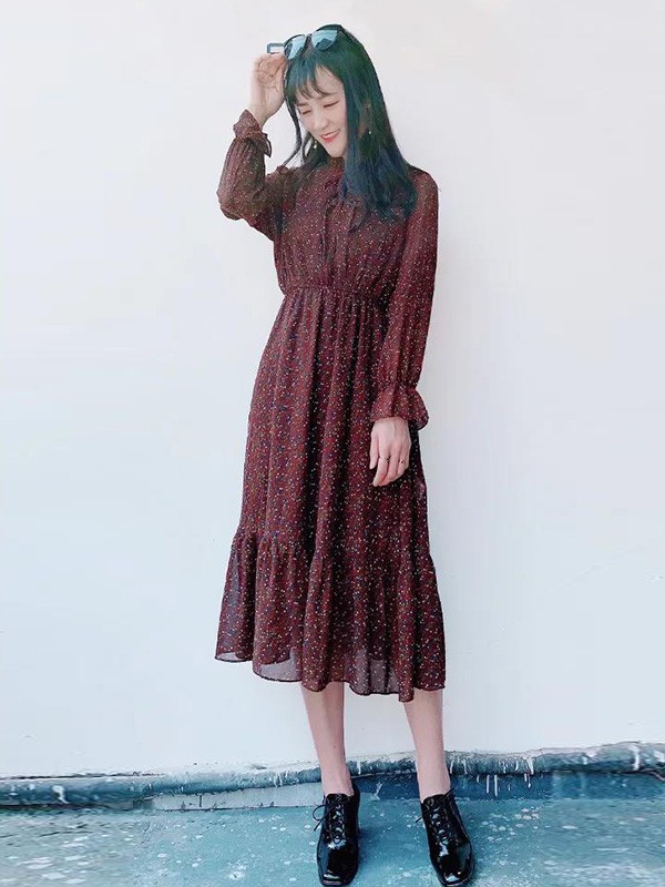 那夏尔2021春夏季酒红色波点连衣裙