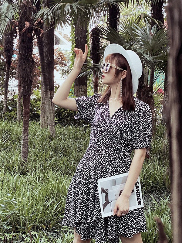 那夏尔2021春夏季黑色波点连衣裙