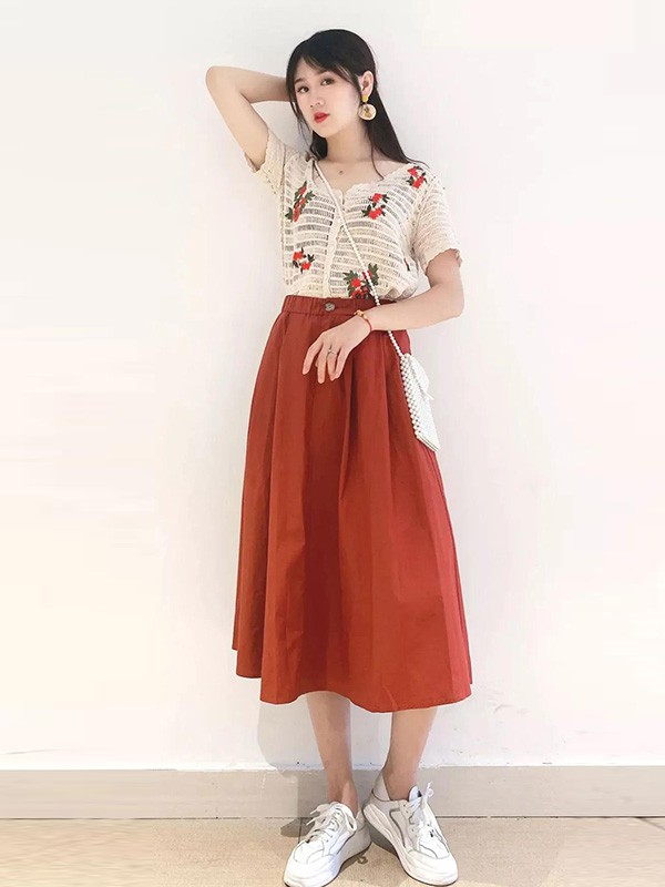 那夏尔2021春夏季橙色纯色长裙