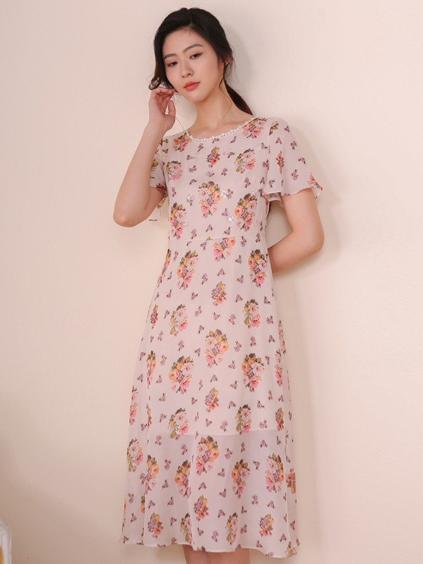 红凯贝尔2021春夏季白色印花连衣裙