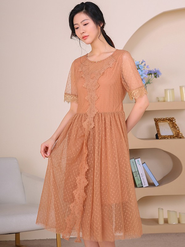 红凯贝尔2021春夏季棕色木耳边连衣裙