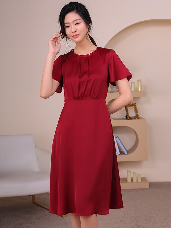 红凯贝尔2021春夏季红色纯色连衣裙