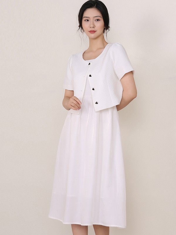 红凯贝尔2021春夏季白色纯色连衣裙