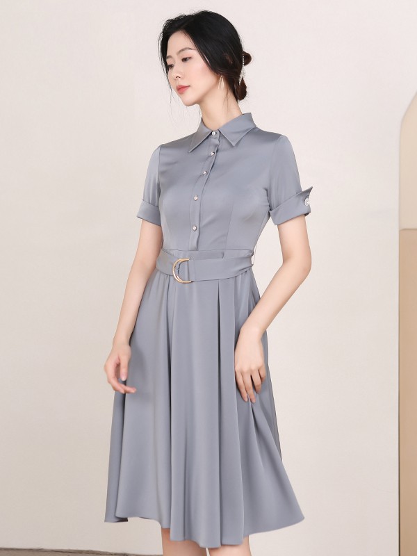 红凯贝尔2021春夏季灰色纯色连衣裙