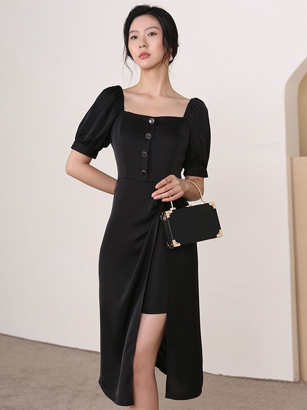 红凯贝尔2021春夏季黑色开叉连衣裙