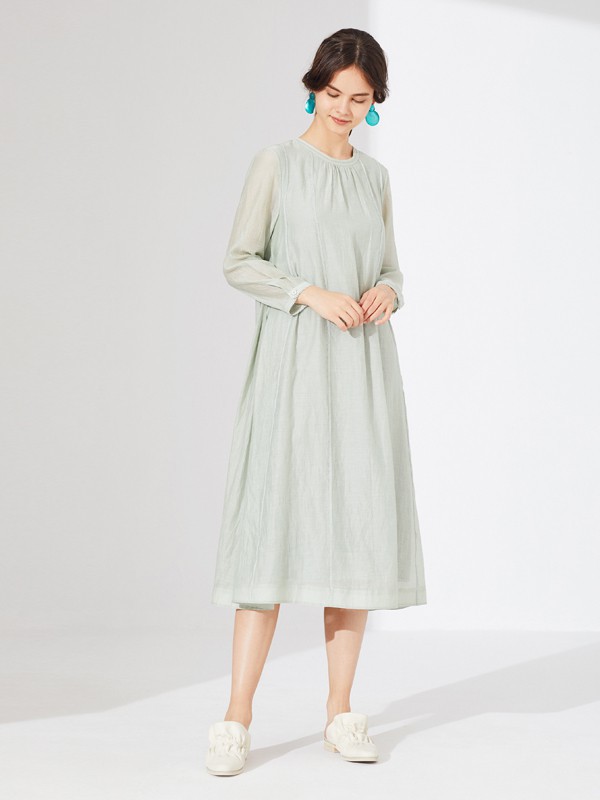 注释ANNOTATE女装2021春夏季绿色纯色连衣裙