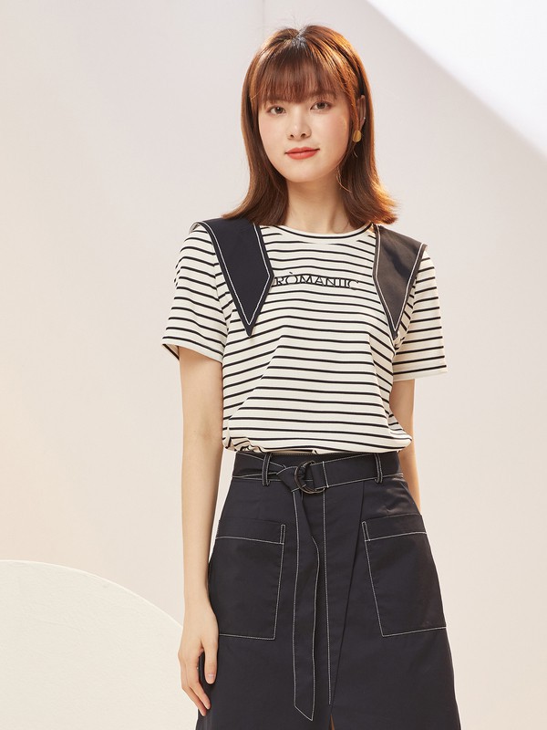 XG雪歌2021春夏季白色条纹T恤