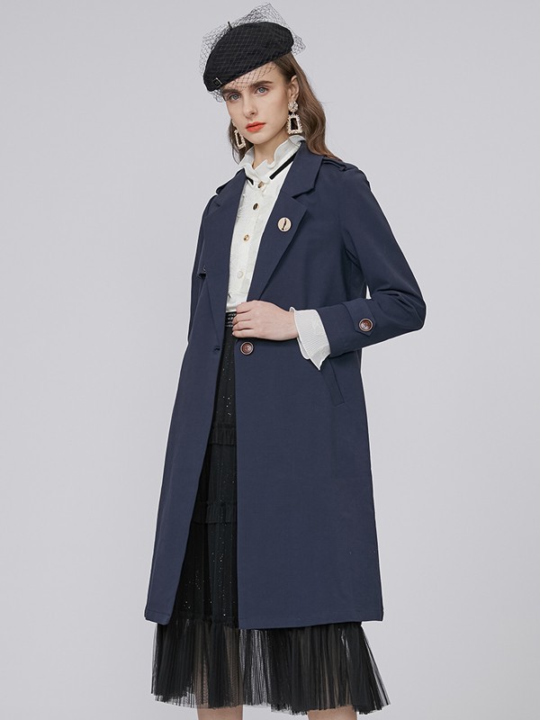 曼诺比菲2021春夏季藏蓝色纯色风衣