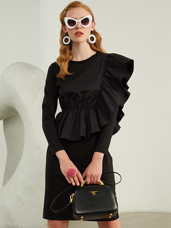 曼诺比菲2021春夏季黑色荷叶边连衣裙