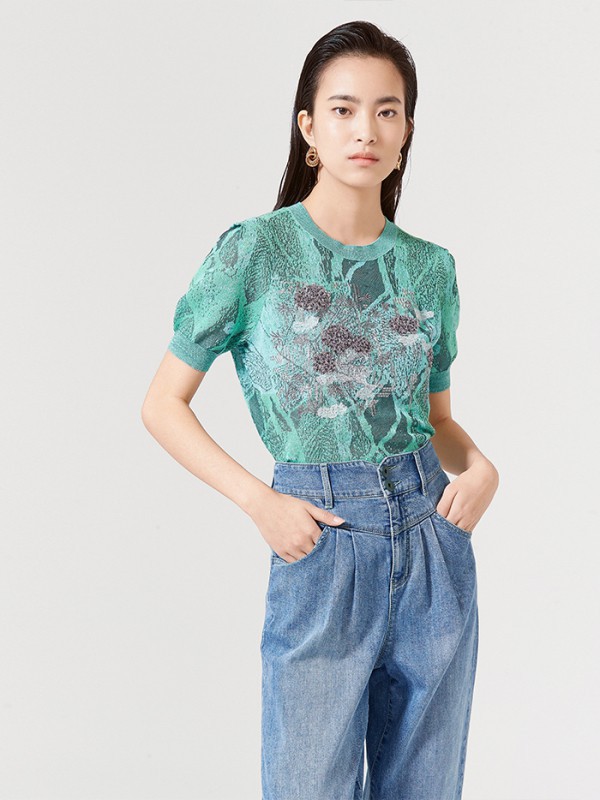 迪赛尼斯2021春夏季绿色印花T恤