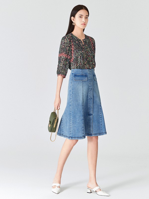 迪赛尼斯2021春夏季黑色印花雪纺衫