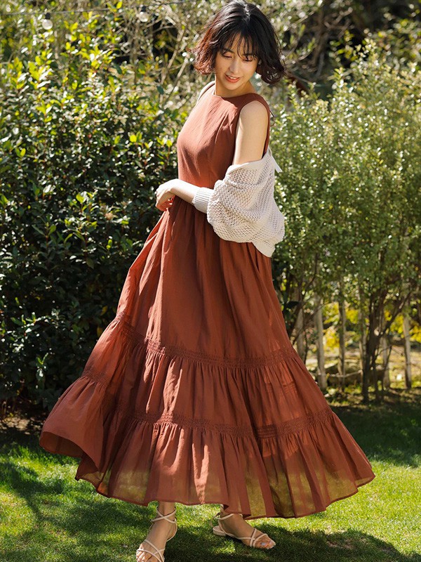 够爱女装2021春夏季咖啡色长款连衣裙