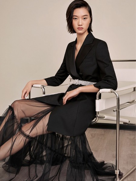 姚领2021春夏季黑色纱网连衣裙