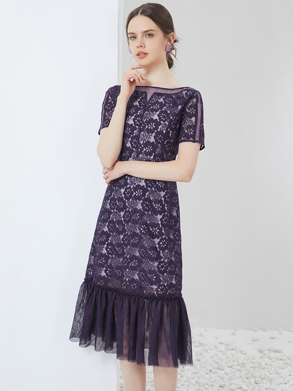 菲妮迪女装2021春夏季紫色纱网连衣裙