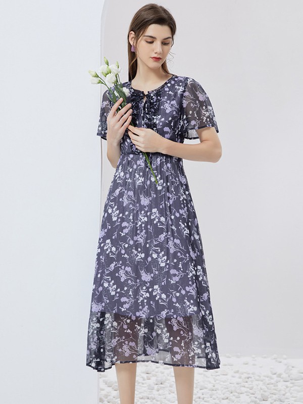 菲妮迪女装2021春夏季紫色印花连衣裙