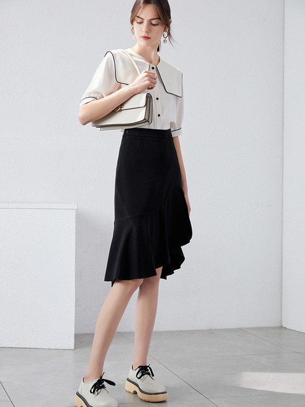 衣香丽影2021春夏季黑色荷叶边半身裙