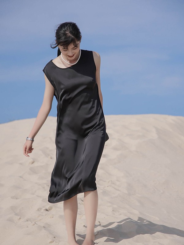 艺元素2021春夏季黑色纯色连衣裙