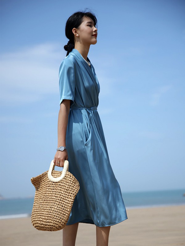 艺元素2021春夏季蓝色收腰连衣裙
