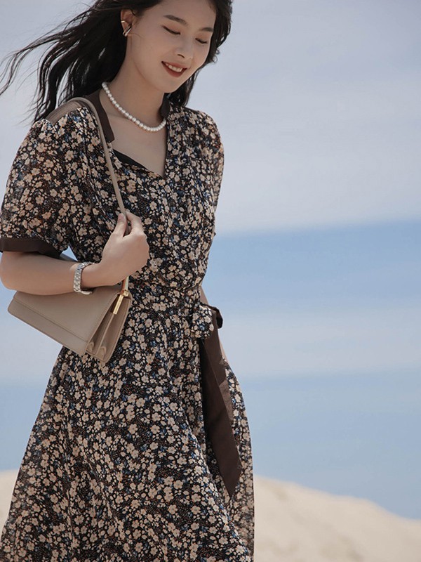 艺元素女装2021春夏季黑色波点连衣裙