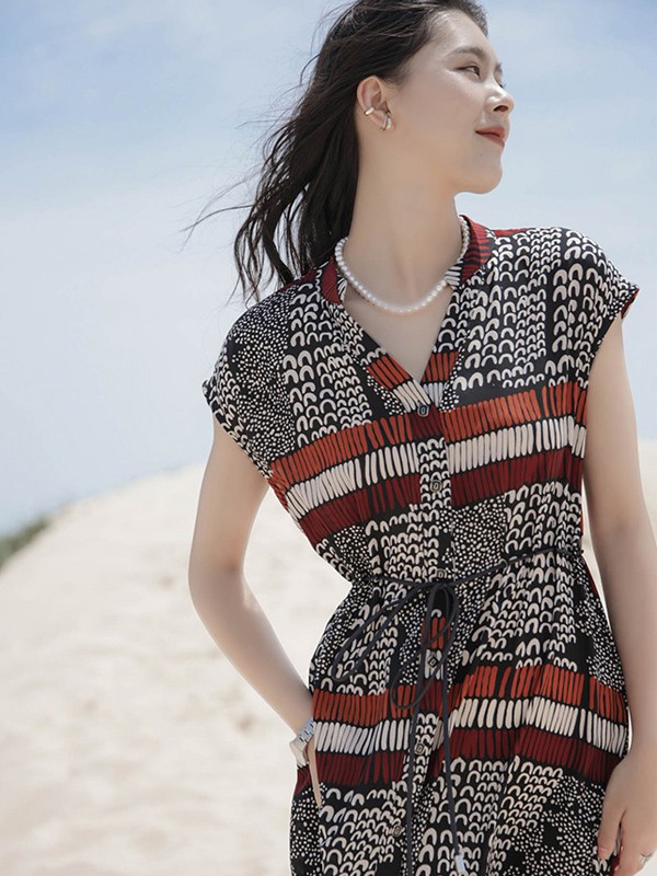 艺元素女装2021春夏季黑色印花连衣裙