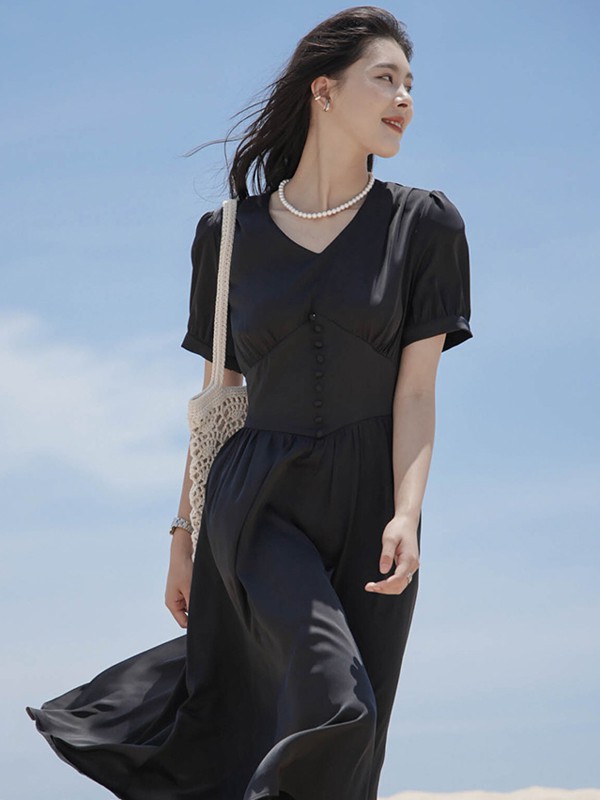 艺元素女装2021春夏季黑色收腰连衣裙