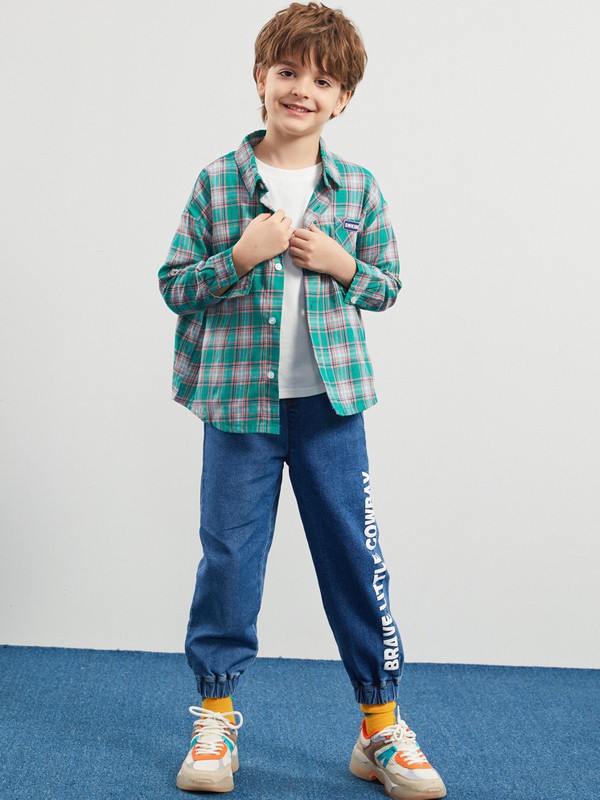 七匹狼2021春夏季蓝色格子衬衫