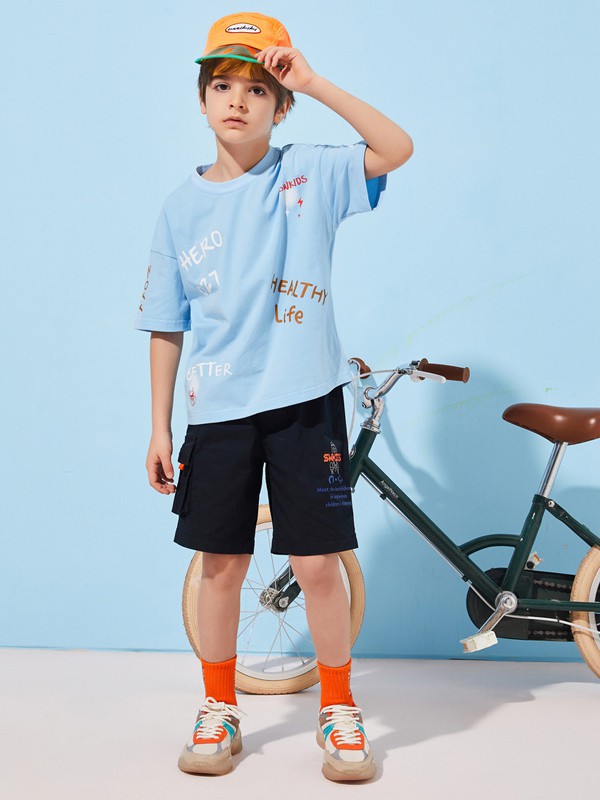 七匹狼2021春夏季蓝色印花T恤