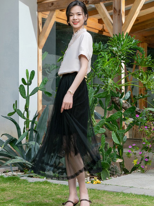 优美世界2021春夏季黑色纱网包臀裙