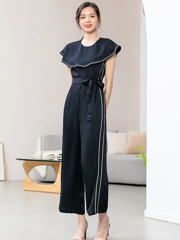 优美世界2021春夏季黑色荷叶边连体裤