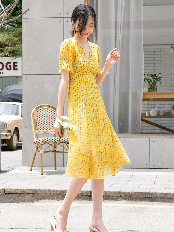 优美世界2021春夏季黄色印花连衣裙