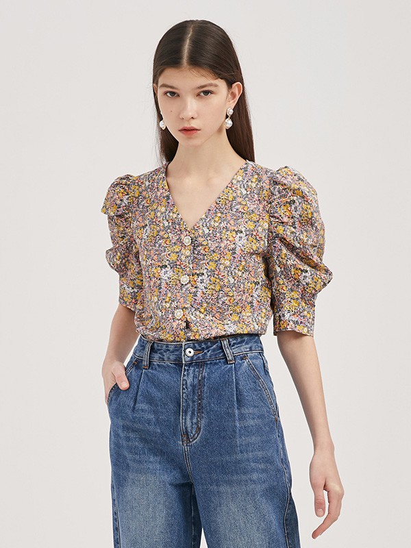 摩凡2021春夏季棕色印花上衣