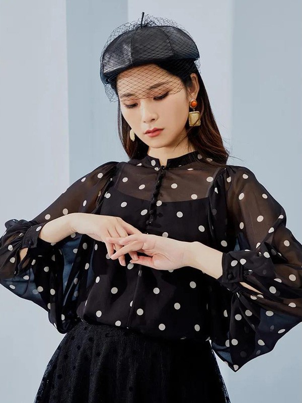 西纳维思女装2021春夏季黑色波点衬衫