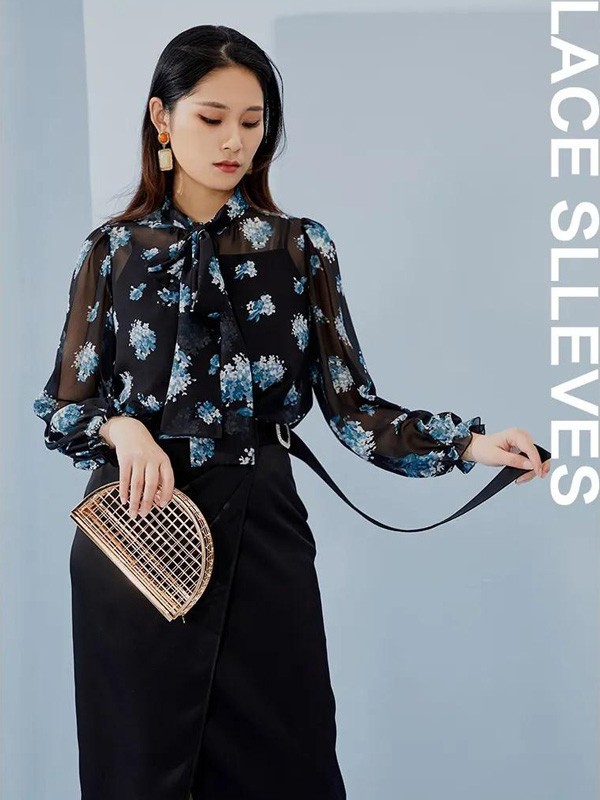 西纳维思女装2021春夏季黑色印花雪纺衫