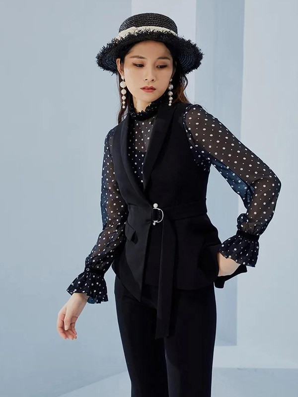 西纳维思女装2021春夏季黑色波点休闲裤