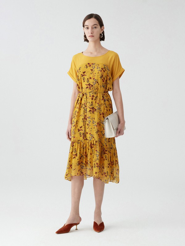 玛丝菲尔2021春夏季黄色印花连衣裙