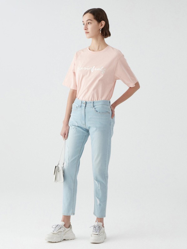 玛丝菲尔2021春夏季粉色字母T恤