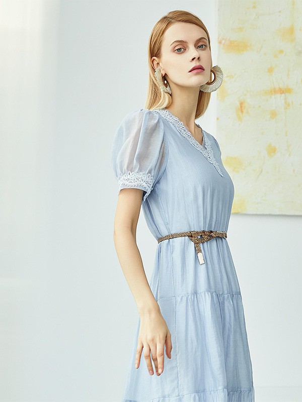 PETvv2021春夏季蓝色收腰连衣裙