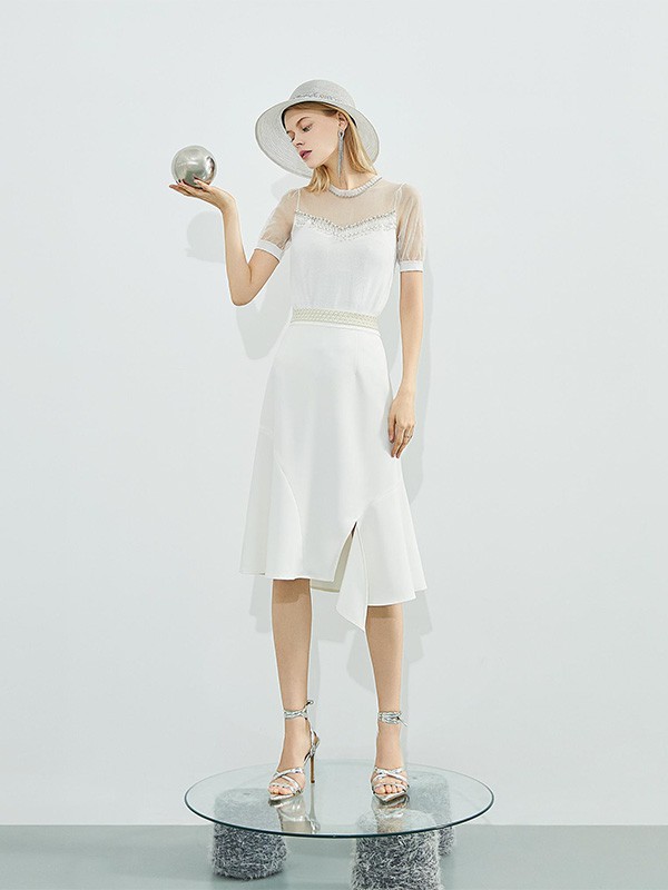 PETvv2021春夏季白色开叉连衣裙