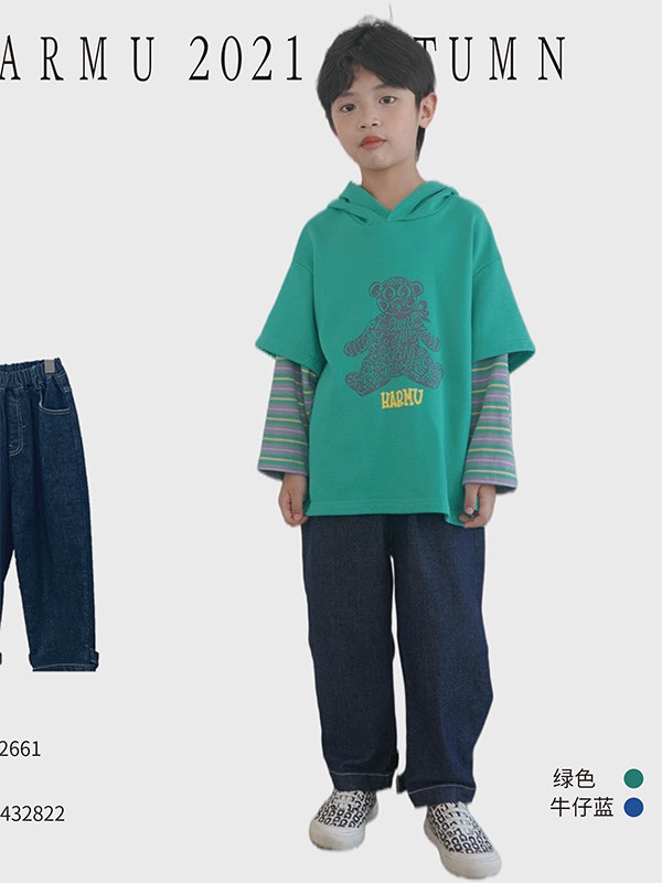 哈沐童装2021秋冬季绿色印花T恤