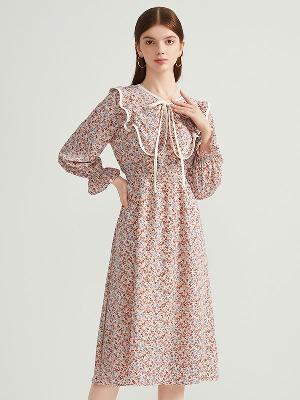 音菲梵2021秋冬季红色印花连衣裙