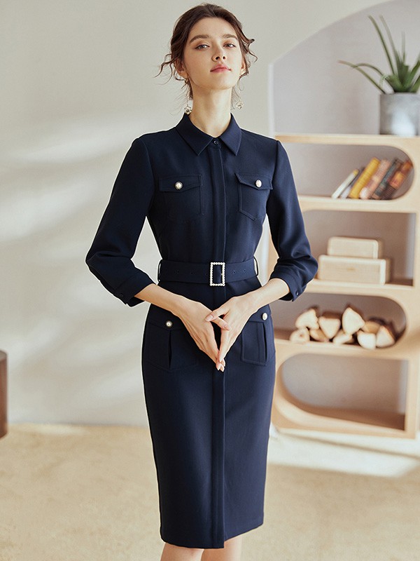 摩卡2021秋冬季藏蓝色修身连衣裙