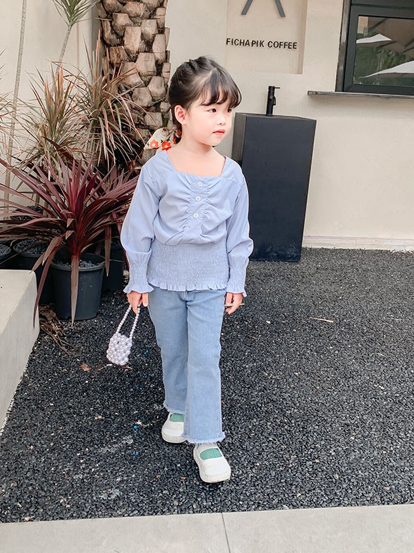 猫咪精灵2021秋冬季蓝色褶皱T恤