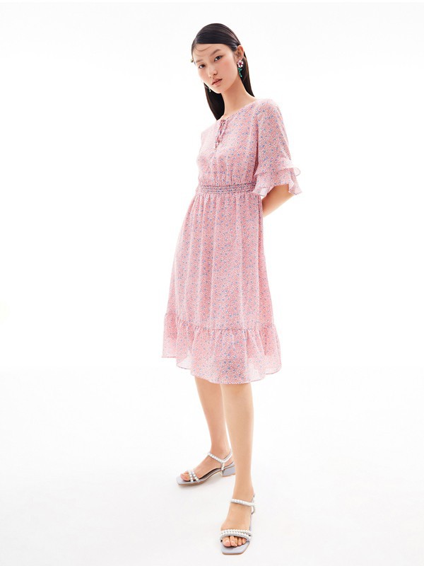 玖姿2021春夏季粉色印花连衣裙