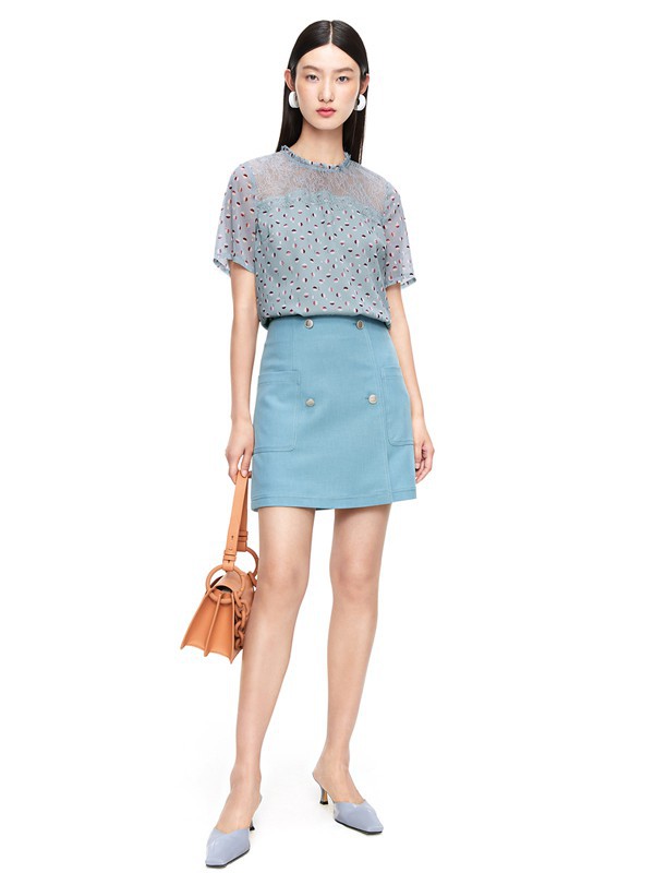 玖姿2021春夏季蓝色纯色短裙