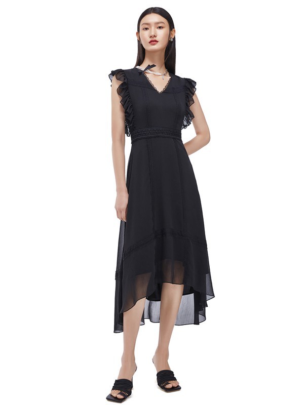 玖姿女装2021春夏季黑色不对称连衣裙